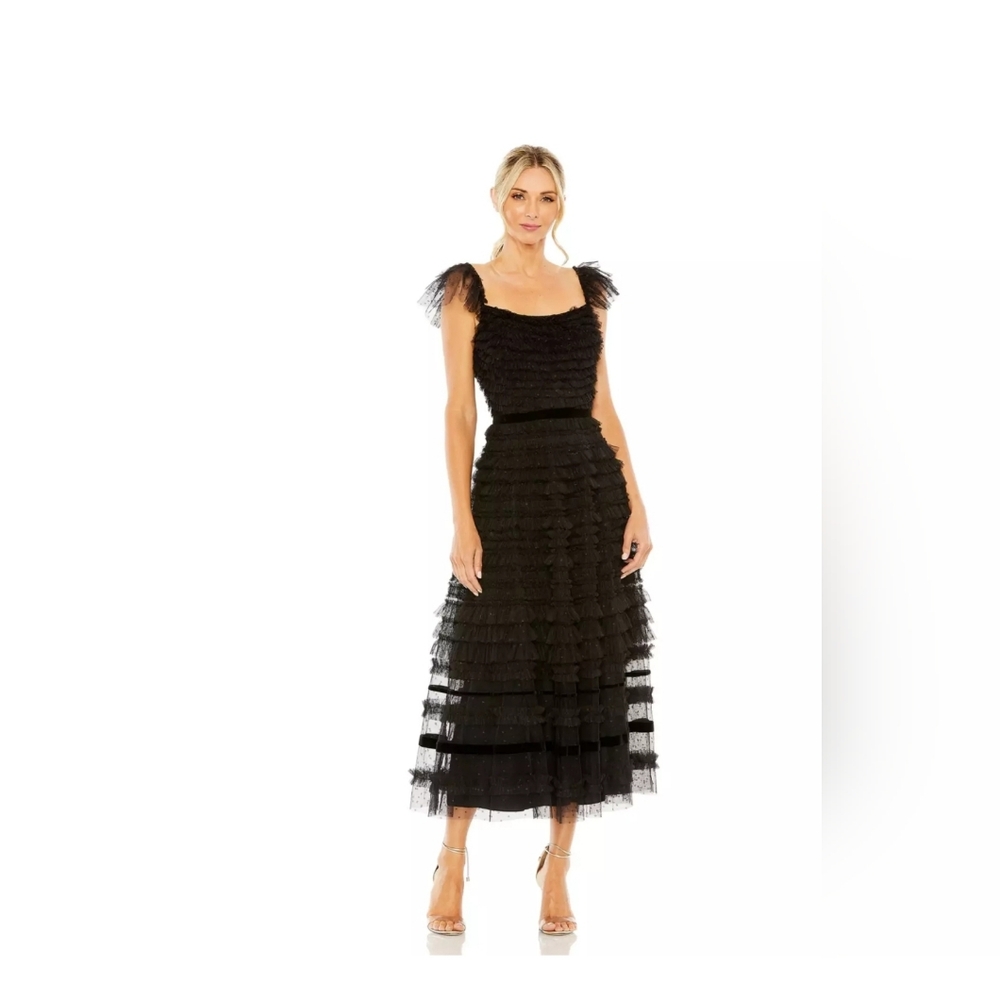 Black Ruffle Cap Sleeve Tiered Midi DressRegular price$398 USD - Picture 3 of 12